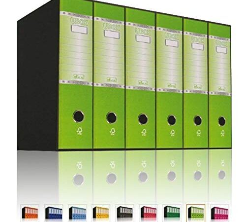 LogicaShop UBOX 6 Raccoglitori ad Anelli A4 Dorso 8 con Custodia Cartone, Formato Commerciale, Registratore con Meccanismo a Leva D, Raccoglitore con Scatola, Faldone Universale (Verde Lime)