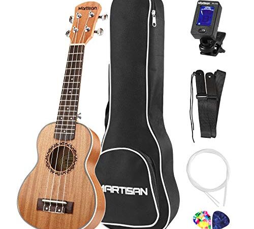 MARTISAN Ukulele Soprano con corde Aquila originali in nylon, Ukulele da 21 pollici per Principianti con Borsa, Accordatore, Corde Aggiuntive, Cinturino, Plettri