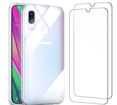 NEW'C Cover per Samsung Galaxy A40 Gel TPU in silicone custodia ultra trasparente e 2 × vetro temperato per Samsung Galaxy A40, Pellicola proteggi schermo