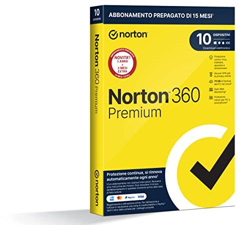 Norton 360 Premium 2023, Antivirus per 10 Dispositivi, Licenza di 15 Mesi con Rinnovo Automatico, PC, Mac, Tablet e Smartphone