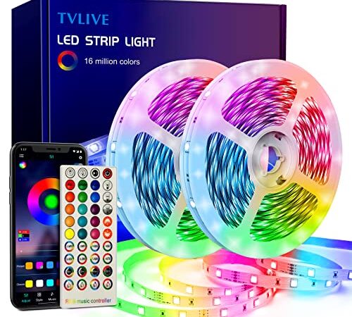 TVLIVE Striscia LED 20 Metri, Bluetooth Nastri LED RGB 5050 Musicale, Controllato da APP e Controller, 28 Modalità di Stille, Funzione Musicale, Strisce LED Camera da Letto, Cucina, Soffitto(10M*2)