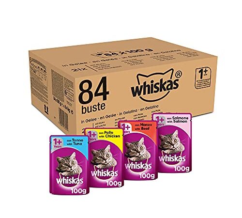 Whiskas Cibo per Gatti adulti, con Pollo, Salmone, Manzo e Tonno in Gelatina, 84 Bustine, 84 x 100 g