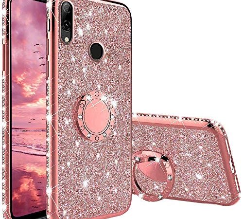 XTCASE Cover Glitter per Huawei P Smart 2019 / Honor 10 Lite, Brillantini Bling Custodia con Supporto Anello a 360° Ultra Sottile Antiurto Morbid TPU Silicone Protettiva Case, Rosa