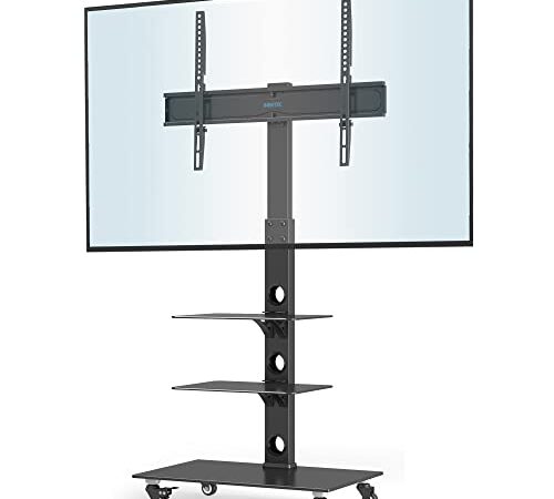 BONTEC Supporto TV con ruote per schermi al plasma/LCD/LED da 30-70 pollici fino a 40 kg, 6 regolazioni in altezza con ripiani in vetro temperato a 3 livelli, MAX VESA 600 x 400 mm