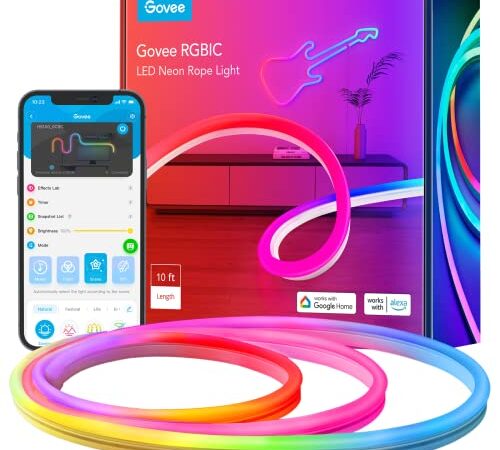 Govee RGBIC Neon Strisica LED con Controllo App, Sincronizzazione di Musica, Striscia Luminosa Colorosa DIY, Funziona con Alexa e Google Assistant, 3m Neon Striscia Led per Cucina, Giochi