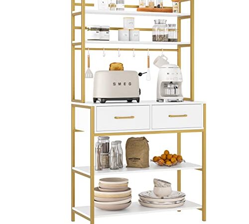 HOCSOK Scaffale da Cucina, Scaffale per Microonde per Mobile da Cucina a 5 Livelli, Scaffale a Pavimento Aperto con 2 Cassetti e 6 Ganci, 80x40x169cm, Legno, Oro Bianco