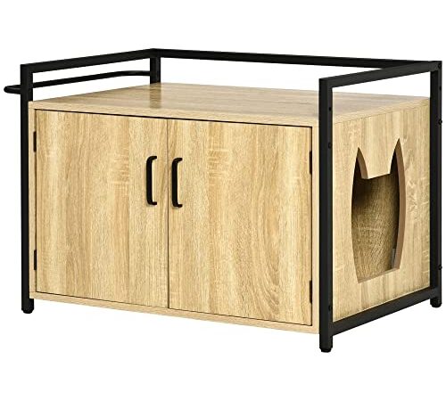 PawHut Mobile Lettiera per Gatti Rialzato con Ingresso Laterale, Lettiera per Gatti Chiusa in Legno e Acciaio, 82.3x51x54cm, Color Legno e Nero