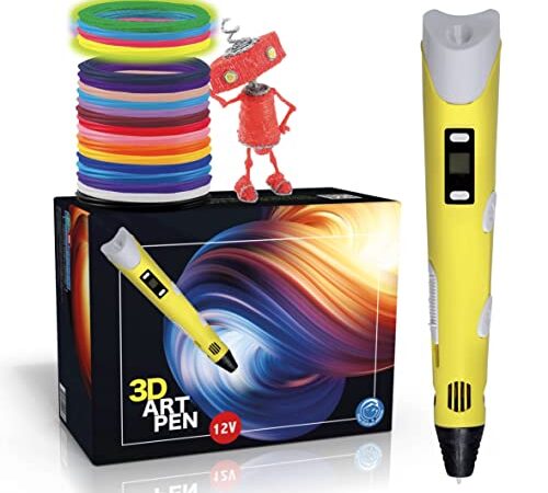 Penna 3D Plus (12V) + Istruzioni in Italiano e Guida illustrata in Omaggio + Filamenti PLA 20 Colori (4 Fluoerescenti) - Penna 3D Professionale, Penna 3D Bambini