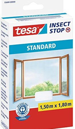 Tesa Insect Stop Zanzariere Attacca & Stacca STANDARD per Finestre - Zanzariera Adesiva - Rete per Zanzariera Regolabile a Piacere - Bianco, 150 cm x 180 cm