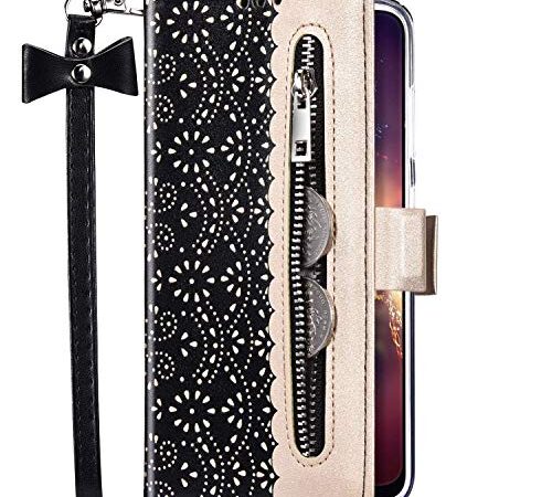 Uposao Cover Compatibile con Samsung Galaxy A50 in Pelle PU Cuoio Cerniera Fiori Pizzo Portafoglio a Libro Custodia Funzione Antiurto Libro con Supporto,Slot per Schede,Cinturino da Polso,Nero