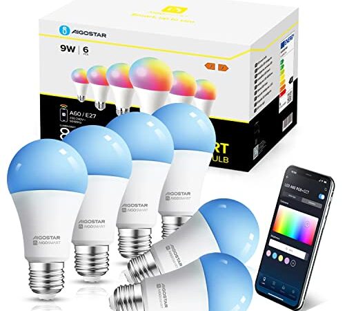 Aigostar Lampadina Alexa E27 SL2 WiFi Lampadine Smart LED 9W 806LM, Lampadina Intelligente RGBCCT Dimmerabile, 2700K-6500K, sincronizza con la musica, compatibile con Alexa/Google Home, 6 pezzi