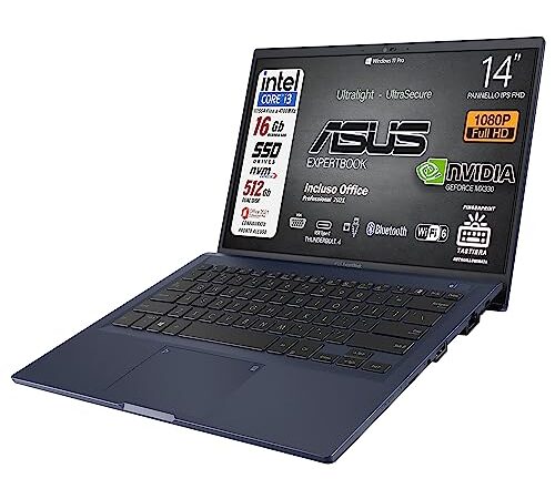 ASUS portatile, ultraleggero,16 Gb RAM, 14" FHD, Intel Core i3, Svga Nvidia Geforce MX 330, SSD DUAL da 512 Gb, FINGEPRINT e TASTIERA RETROILLUMINATA, Win 11Pro, Suite Office, Garanzia Italia