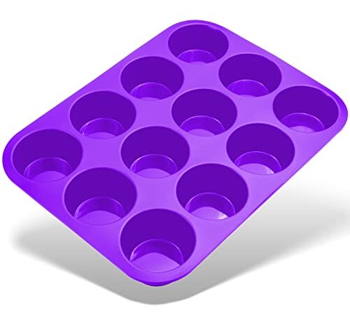 Belmalia Teglia per Muffin, Silicone, 33 x 25 x 3 cm, 12 Stampi, Rivestimento Antiaderente Cupcake Brownie Budino Viola