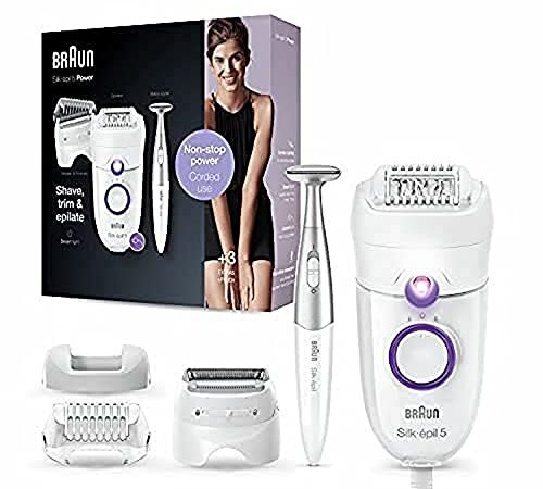 Braun Silk-épil 5-825 Power Depilatore Donna, Epilatore Elettrico Donna Per I Primi Utilizzi, Testina Radente, Cappuccio Regolatore E Bikini Styler, Bianco/Viola