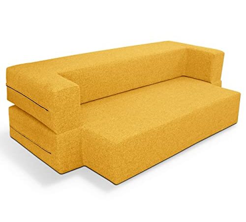 EVERGREENWEB Divano Letto 2 Posti Rivestimento Sfoderabile e Lavabile, Divano Design Trasformabile in comodo materasso Matrimoniale con Kit Lenzuola e Piumino, 2 cuscini omaggio Color Giallo |Tetris