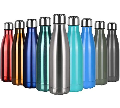 flintronic Bottiglia Acqua in Acciaio Inox, 500ML Portatile Borraccia, Senza BPA, Borraccia Termica Acciaio Inox, Bottiglia d'Acqua con Spazzola per Scuola, All'aperto, Yoga, Palestra