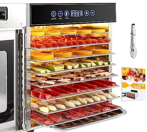 Kwasyo Acciaio Inossidabile Essiccatori per Alimenti, 8 scomparti Con Display LCD, 24 ore Timer, 30-90°C Temperatura Regolabile,500W Essiccatore di Frutta e Verdura (8 Scomparti)