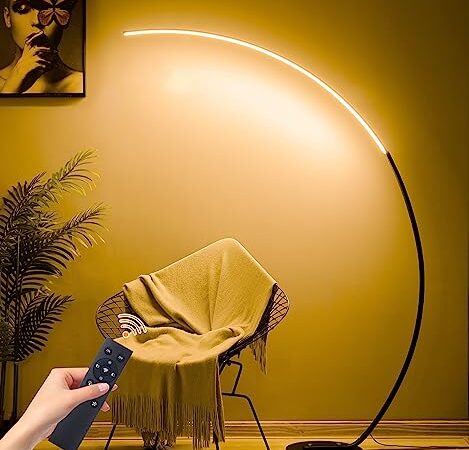 Lampada da Terra ad Arco Salotto, 25W LED Piantana Lampada da Terra Dimmerabile Moderna, Lampade da Terra con Telecomando, 3000K-6000K, Lampada da lettura per Soggiorno, Camera da Letto, Ufficio, Nero