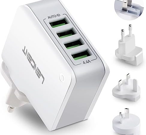 LENCENT Adattatore Universale da Viaggio (USA/EU/UK/AUS), [Auto-ID Tecnologia] Caricabatterie USB da Muro Portatile, Adattatore Spina con 4 USB, Caricatore USB Multiplo per Telefono Smartphone Tablet