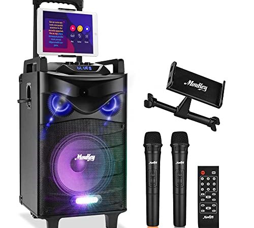 Moukey Cassa karaoke con 2 microfoni wireless,karaoke professionale completo,Casse Bluetooth Potente con controllo bassi/alti,altoparlante portatile con luci da LED,supporto TWS/REC/AUX/MP3/USB/TF/FM