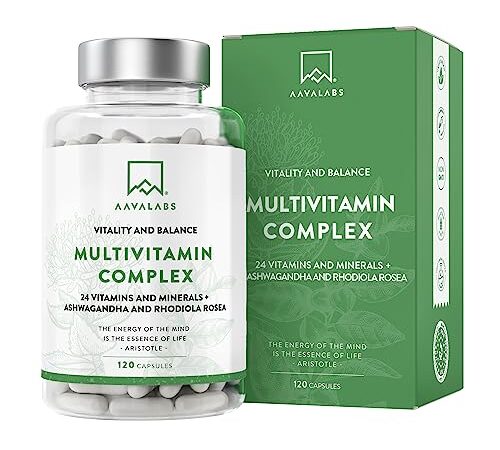 Multivitaminico Completo 24 Vitamine e Minerali Ashwagandha Rhodiola Rosea, Integratore Multivitaminico Donna Uomo Difese Immunitarie Adulti Vitamina D Vitamina C Zinco Magnesio e Potassio -120Capsule