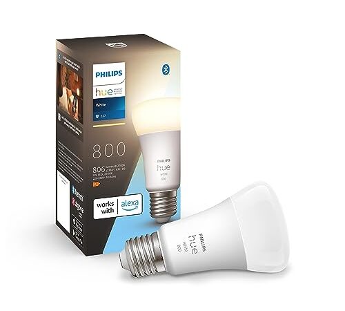 PHILIPS Hue White Lampadina LED Smart, Bluetooh, Controllo Vocale E27, Luce Bianca Calda, Dimmerabile, 9W