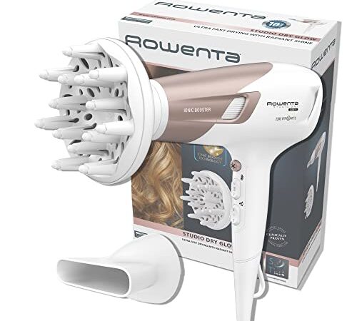 Rowenta CV5830 Studio Dry Glow Asciugacapelli con Booster Ionico, Phon per Capelli 2100W, Tecnologia Effiwatts, Thermo Control, 1 Diffusore e 1 Concentratore, 6 Combinazioni di Velocità/Temperatura