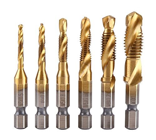 Set di Punte da Trapano con Codolo Esagonale,1/4" in HSS 6 Pezzi Punte per Filettare Metallo Metrica M3-M10 Rivestito in Titanio Maschi un Passaggio per Filettatura