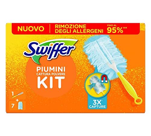 Swiffer Duster Piumini Catturapolvere, 1 Manico Ergonomico e 7 Piumini Duster, Cattura e Intrappola Polvere e Sporco, Raggiunge I Punti più Difficili della Casa, Piumini con 33% di Fibre Riciclate