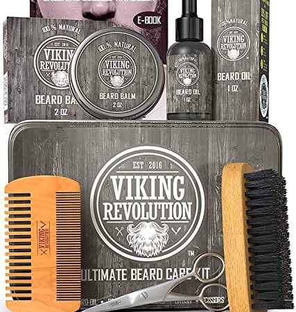 Viking Revolution Kit Rasatura Barba Uomo - Il Kit Cura Barba Include Spazzola Barba Uomo 100% Cinghiale, Pettine per Barba in Legno, Balsamo Barba, Olio Barba Uomo, Forbici Barba e Scatola di Metallo