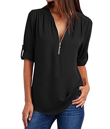 Yuson Girl Donne Camicette Manica Lunga Camicie Scollo a V con Cerniera Casual Bluse e Camicie Eleganti Shirt Tinta Unita Puro Colore Tops(Nero, XXL)