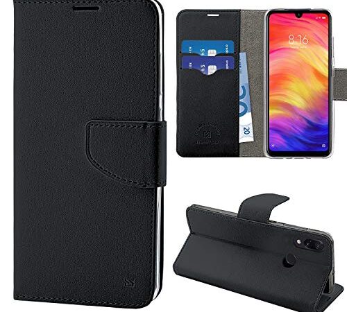 NewTop Cover Compatibile per Xiaomi Redmi Note 7/PRO, HQ Lateral Custodia Libro Flip Magnetica Portafoglio Simil Pelle Stand (Nero)