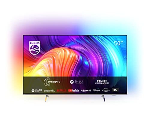 PHILIPS 50Pus8507 50 Pollici 4K Smart Tv Uhd Led Android Tv Con Ambilight, Processore P5, Dolby Vision Cinematografico, Compatibile Google Assistant E Alexa, Cornice Color Argento Chiaro, 50 Pollici