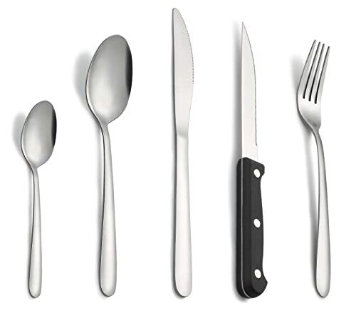 Pleafind Posate, posate da 30 pezzi, posate acciaio inox 6 persone per uso alimentare, set posate in argento con coltello, cucchiaio, forchetta, coltello da bistecca, lavabili in lavastoviglie