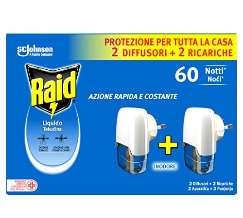 Raid Liquido Elettrico Antizanzare Comuni e Tigre, Inodore, Formato Convenienza, Confezione da 2 Diffusori e 2 Ricariche, 60 Notti